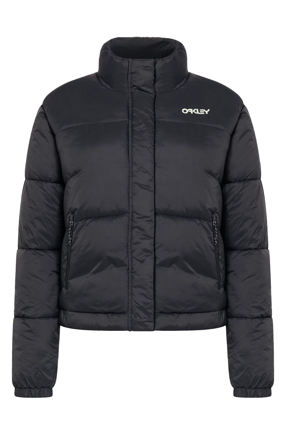 Black puffer jacket with Oakley logo on a white background