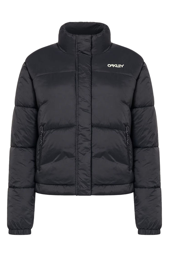 Black puffer jacket with Oakley logo on a white background