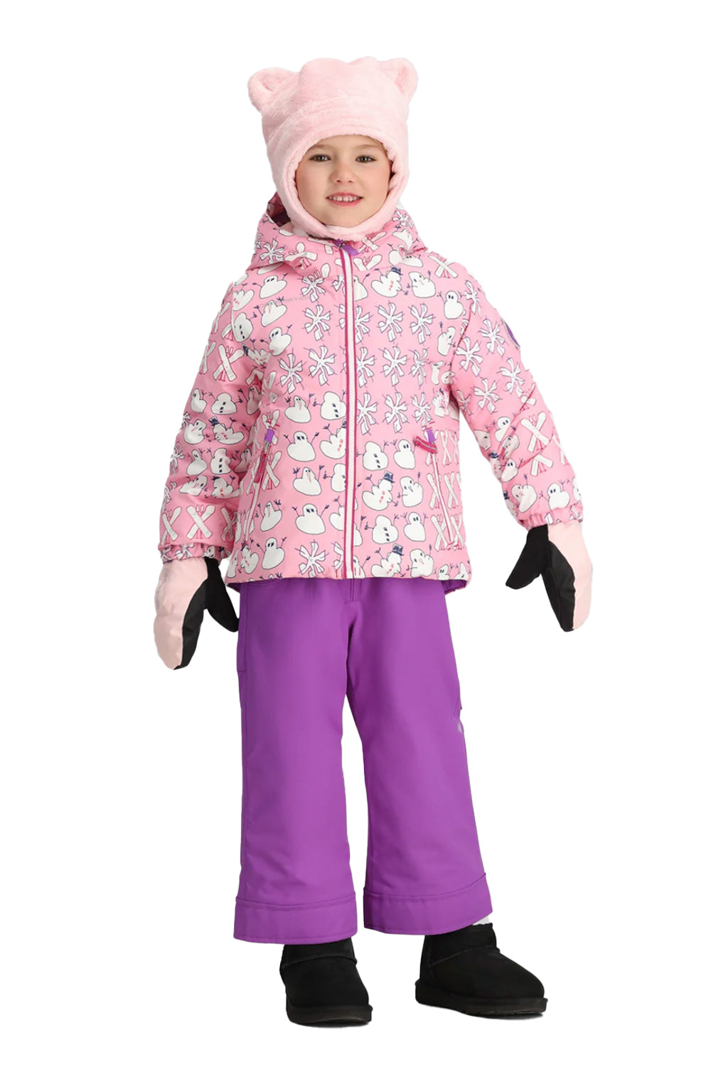 girls' Obermeyer Ashor ski jacket, pink with white snowmen and skis