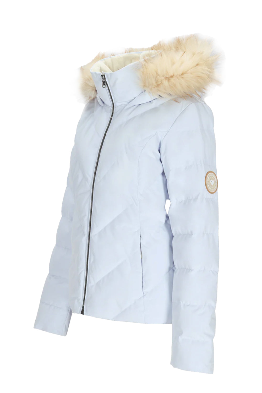 women's Obermeyer Bombshell ski jacket, powder blue with ivory faux fur hood