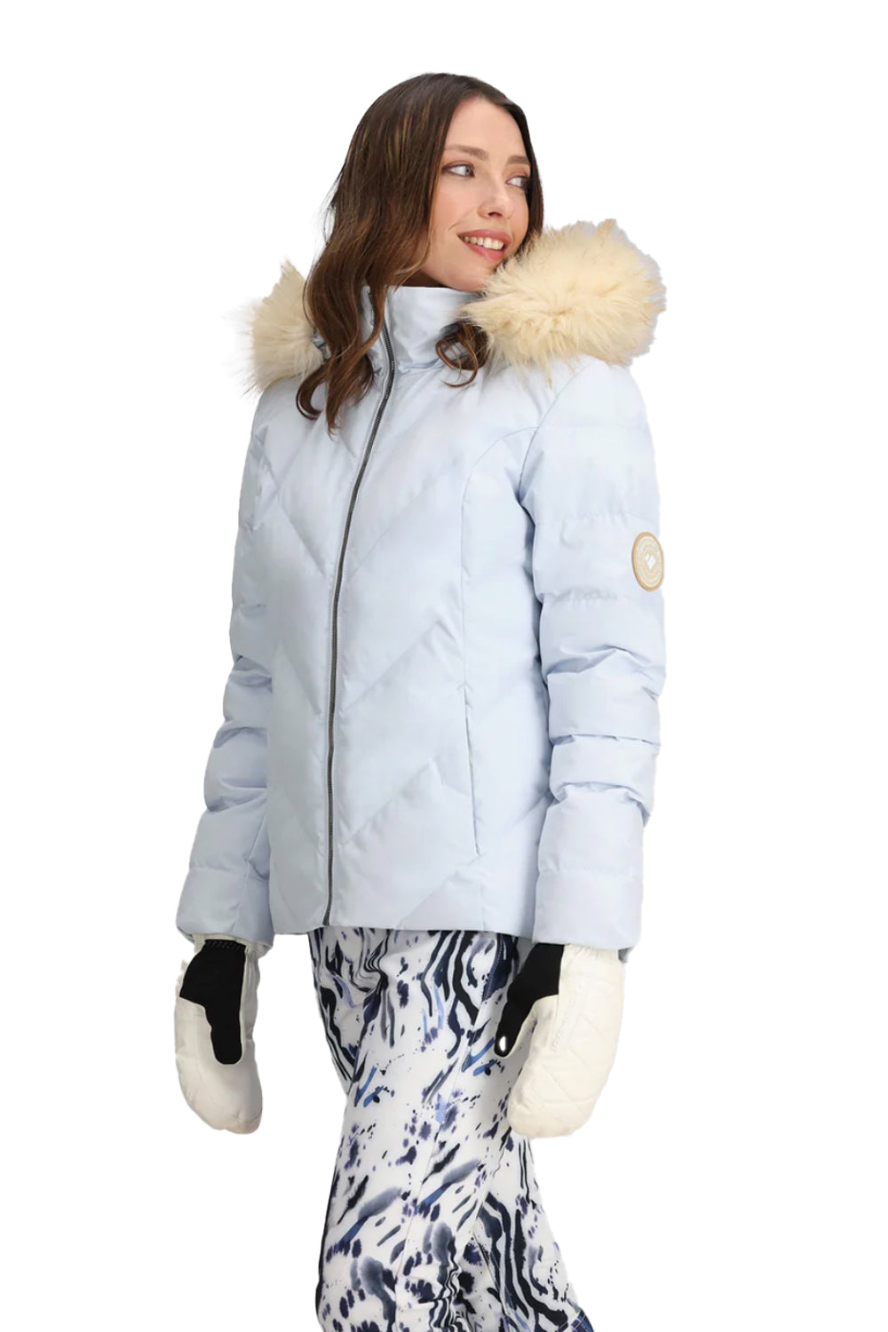 women's Obermeyer Bombshell ski jacket, powder blue with ivory faux fur hood