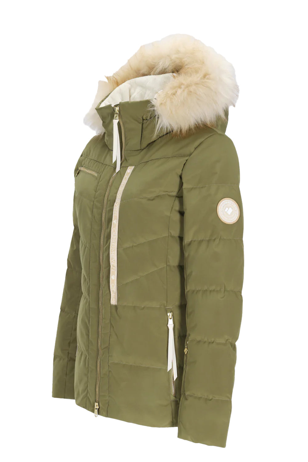 women's Obermeyer Circe down ski jacket, olive green with ivory removable faux fur hood