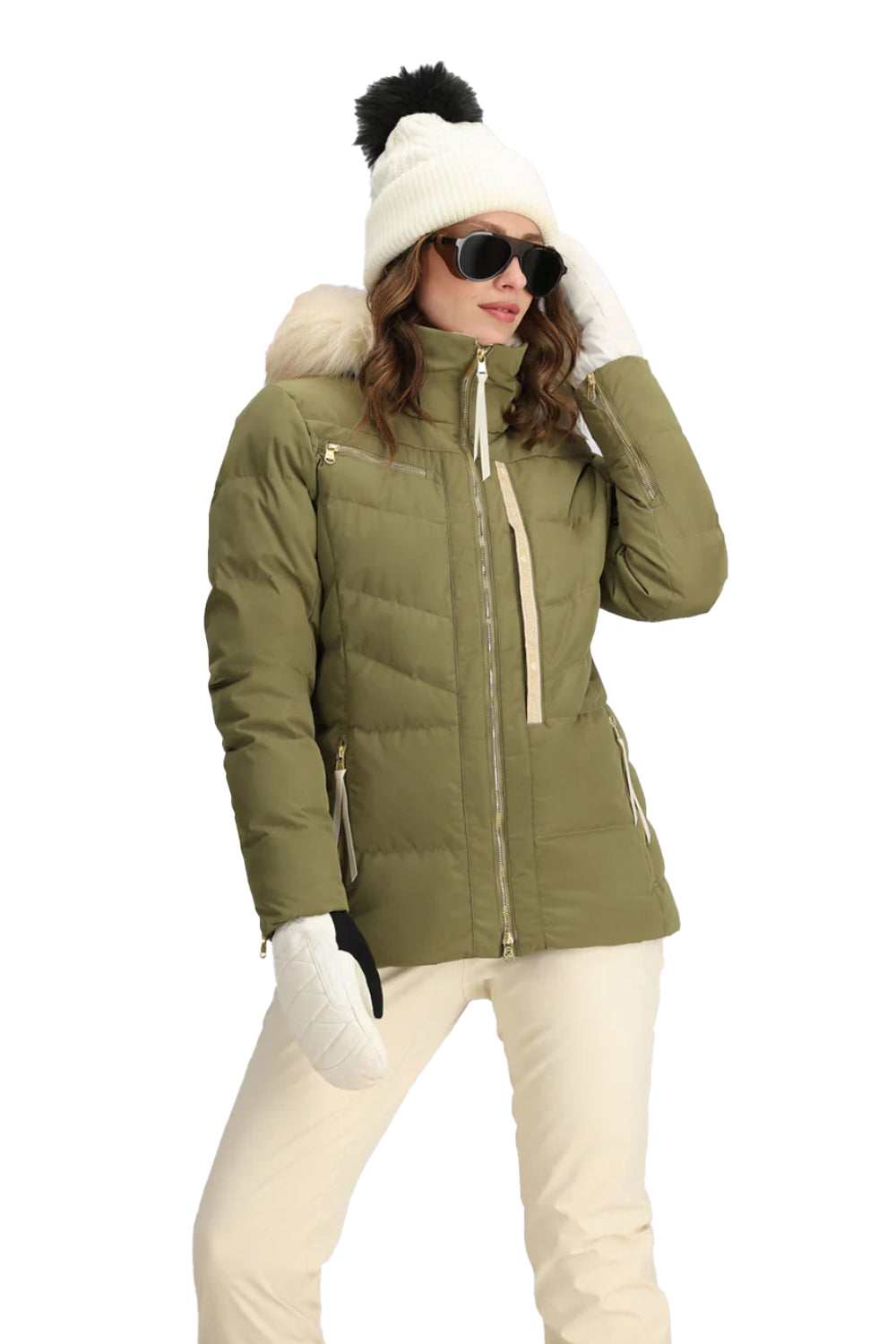 women's Obermeyer Circe down ski jacket, olive green with ivory removable faux fur hood