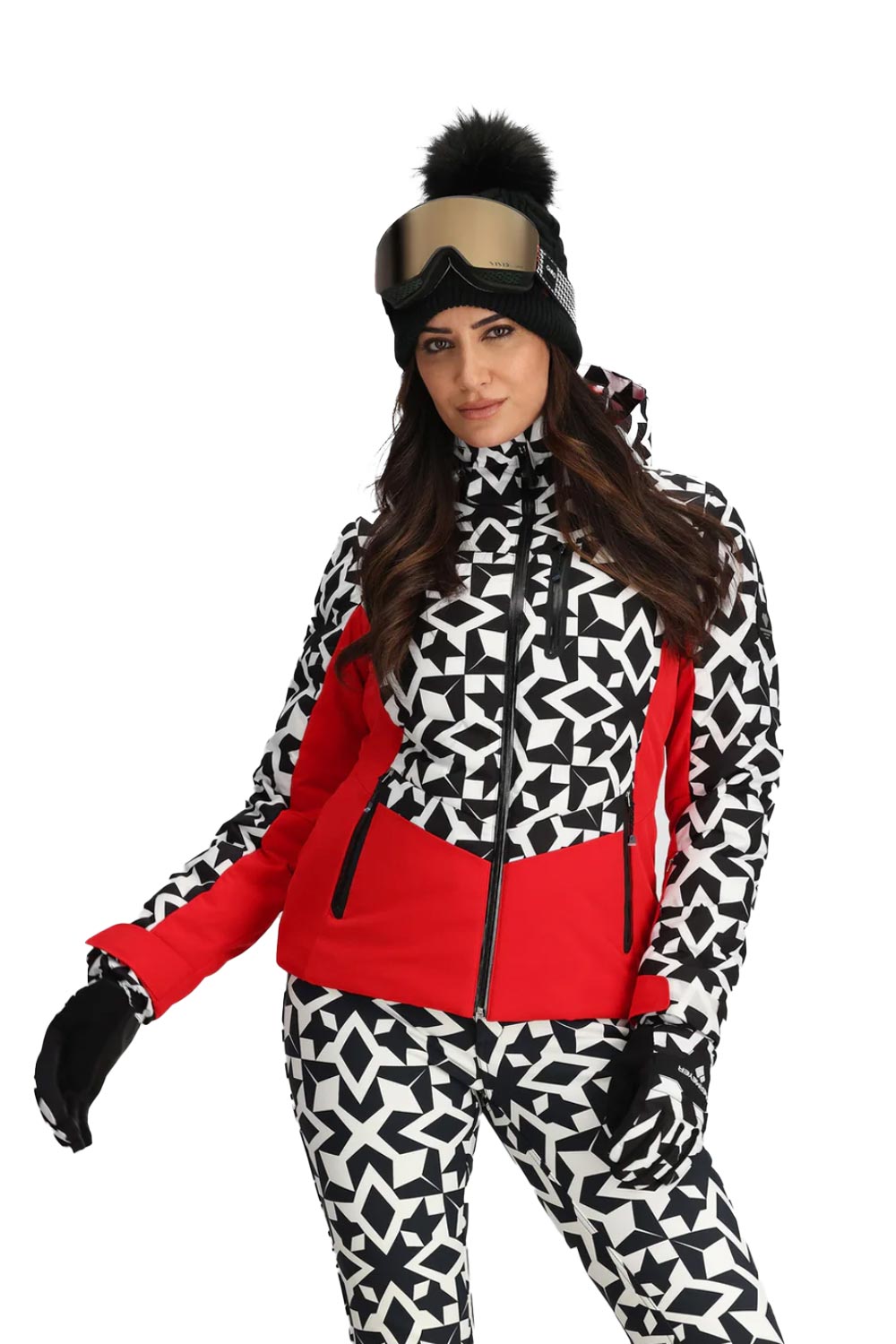 women's Obermeyer Cosima Down ski jacket, red with black and white geometric pattern