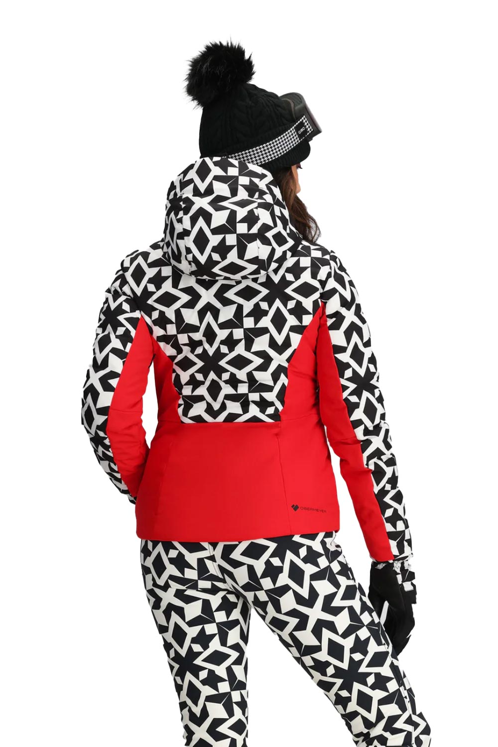 women's Obermeyer Cosima Down ski jacket, red with black and white geometric pattern