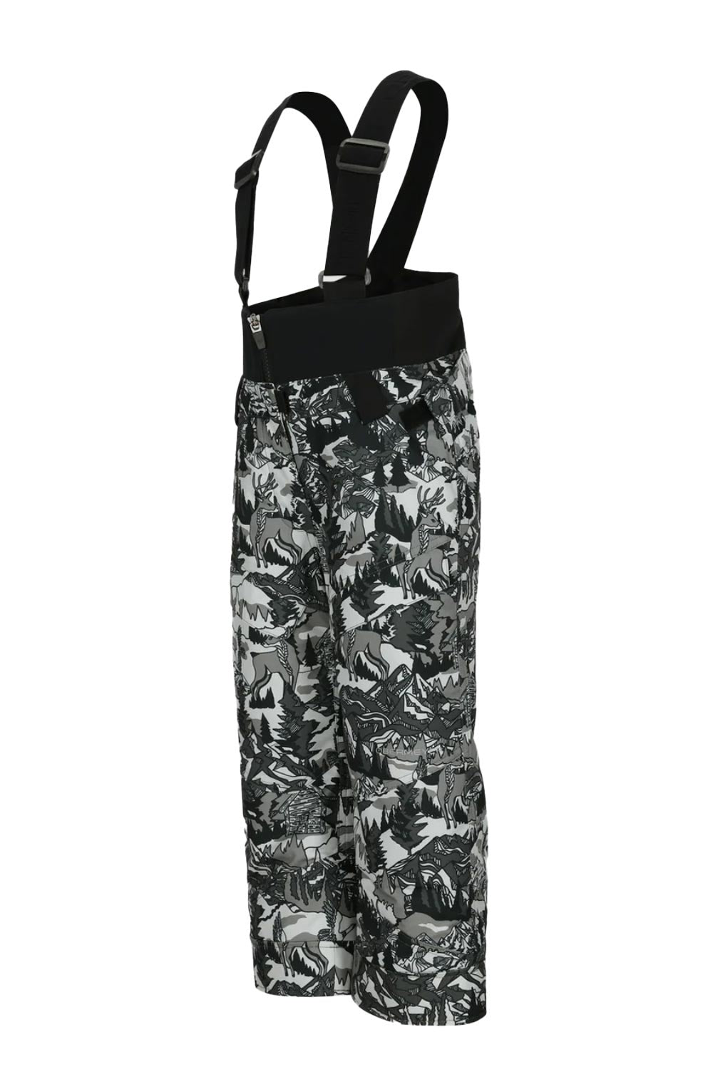 boys' Obermeyer Bib ski pants. Black and white winter scene graphic