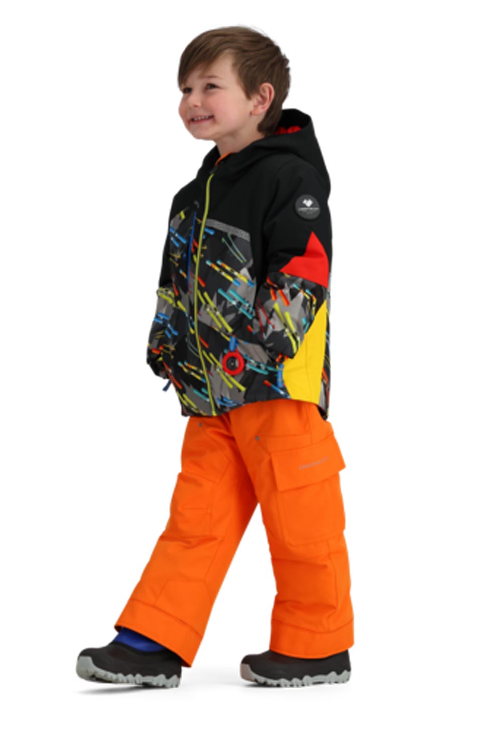 boys' Obermeyer Orb ski jacket, black with skis graphic