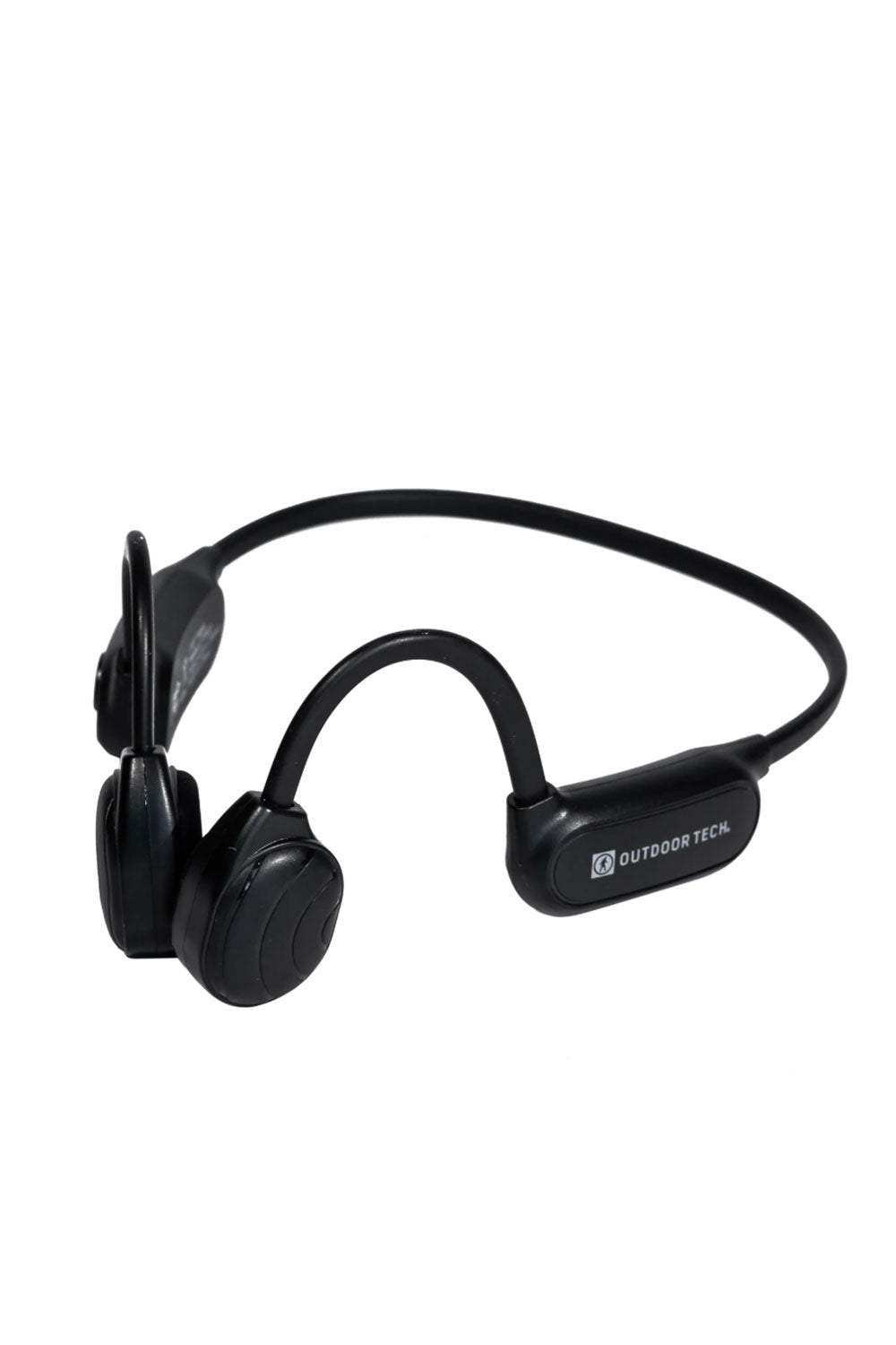 Black wireless earbud headset on a white background