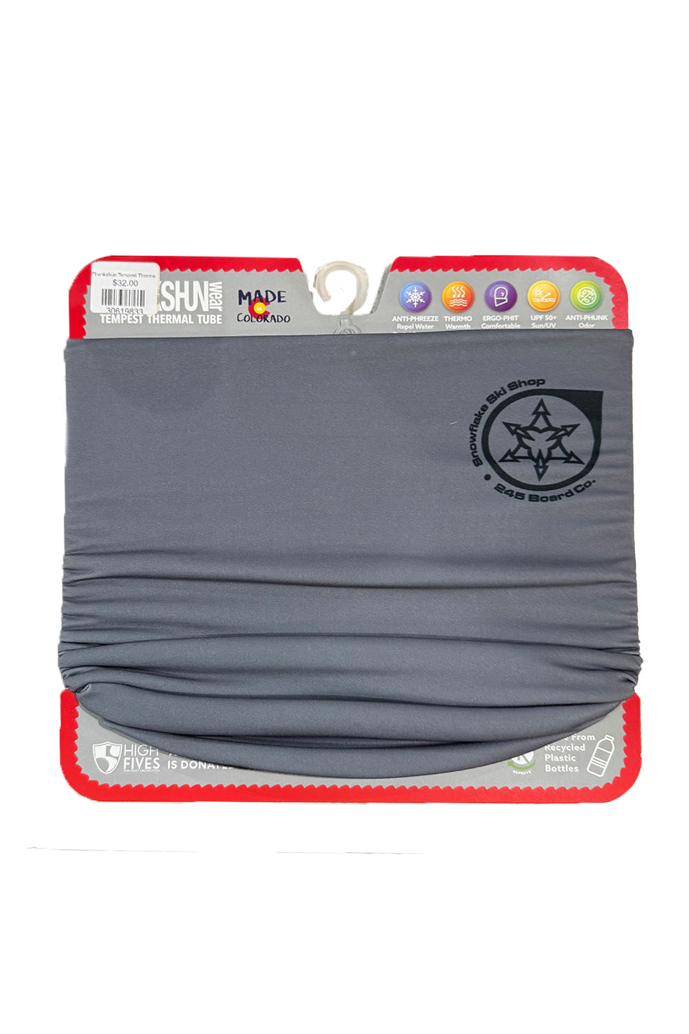 Phunkshun neck tube, grey with snowflake ski shop logo