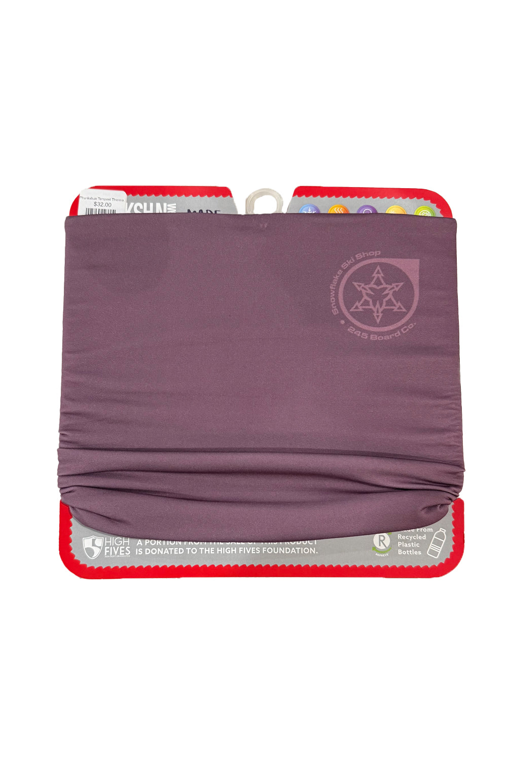 Phunkshun neck tube, purple with snowflake ski shop logo