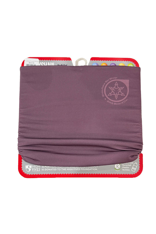 Phunkshun neck tube, purple with snowflake ski shop logo