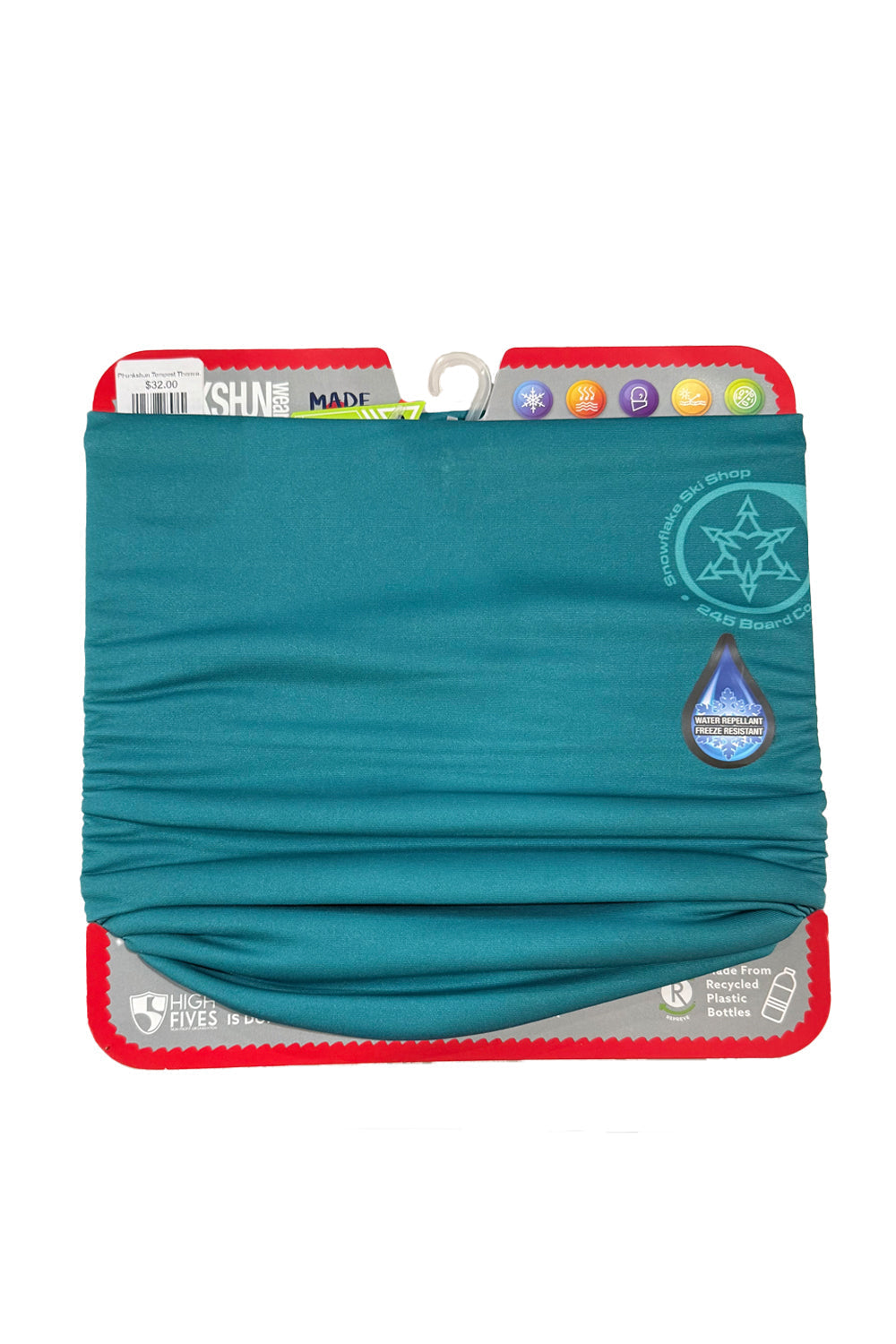 Phunkshun neck tube, teal with snowflake ski shop logo