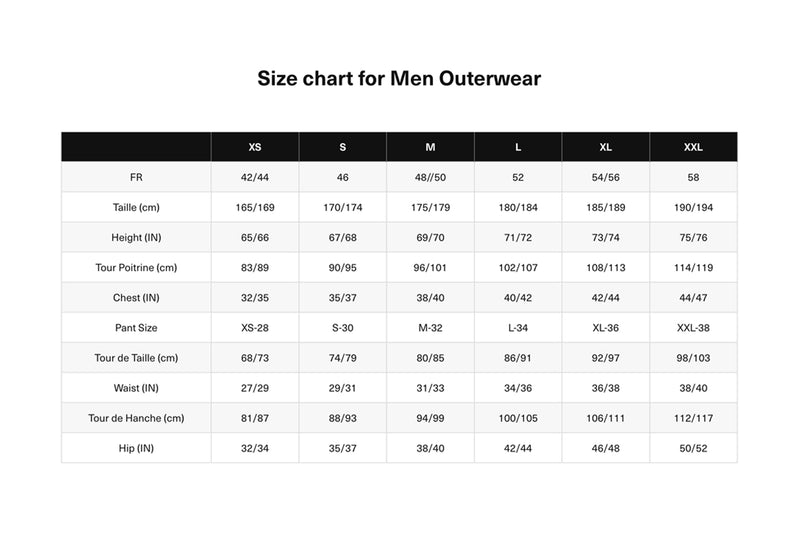 Size chart for men's outerwear with measurements in centimeters and inches.