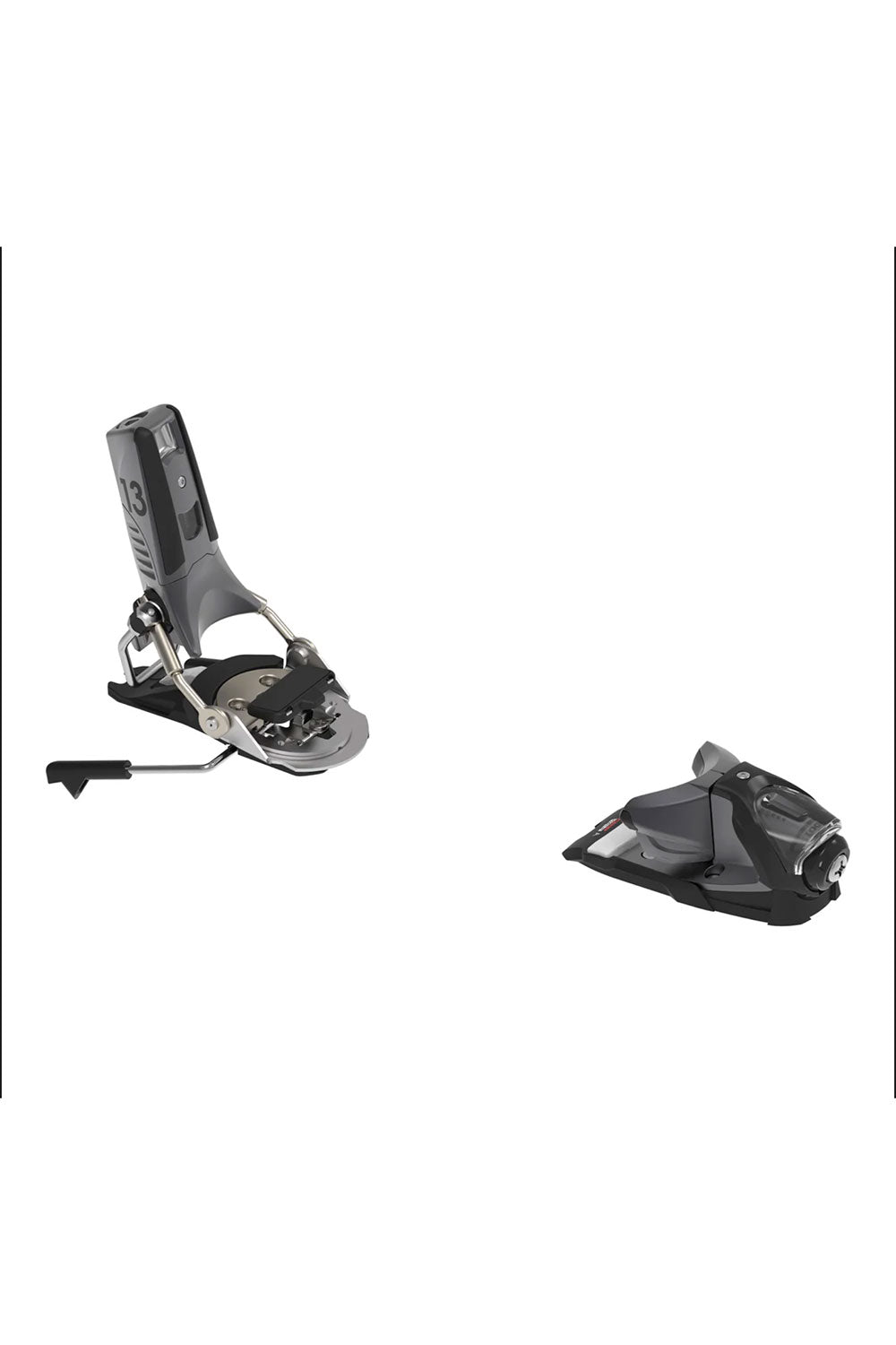 Two ski bindings on a white background