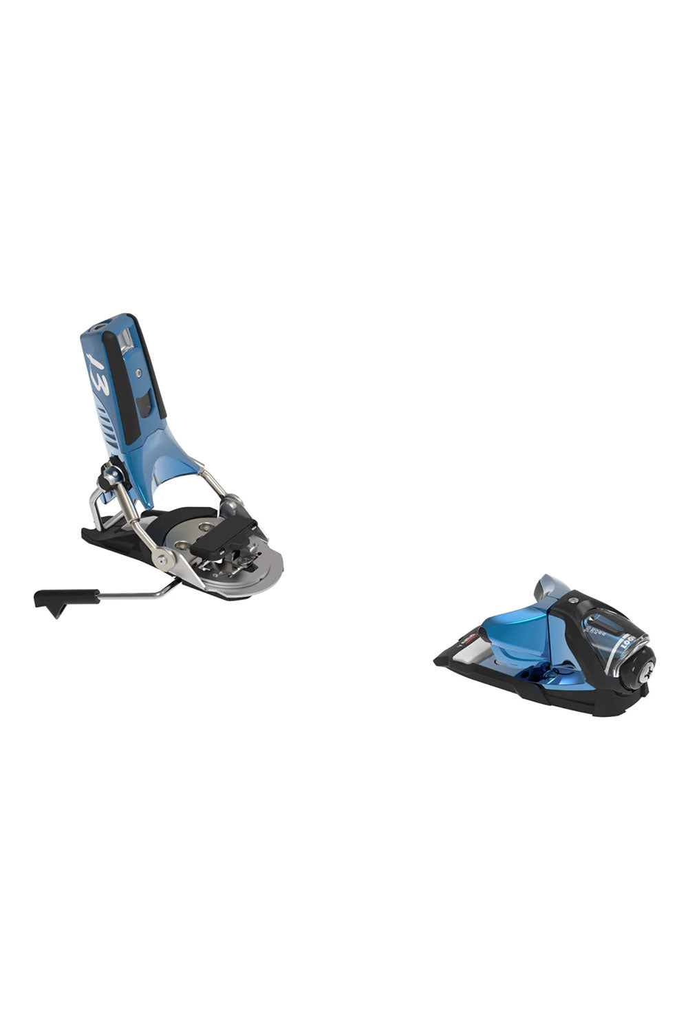 Two ski bindings on a white background