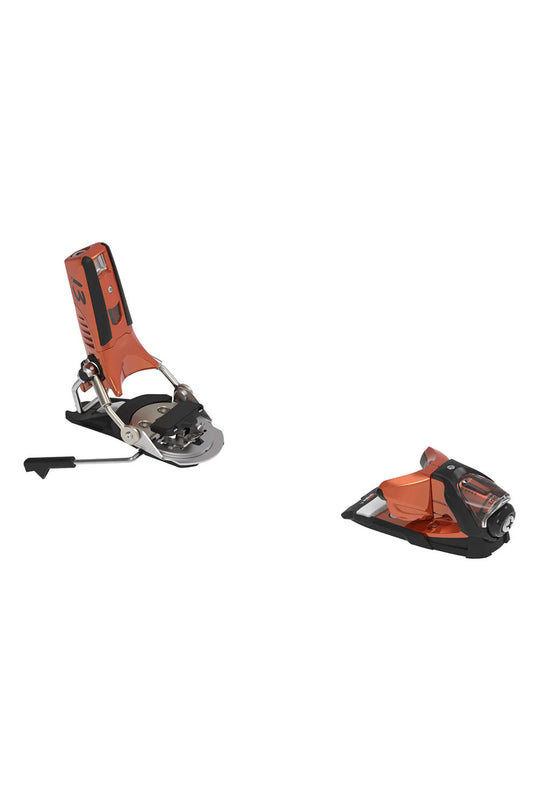 Two orange and black snowboard bindings on a white background