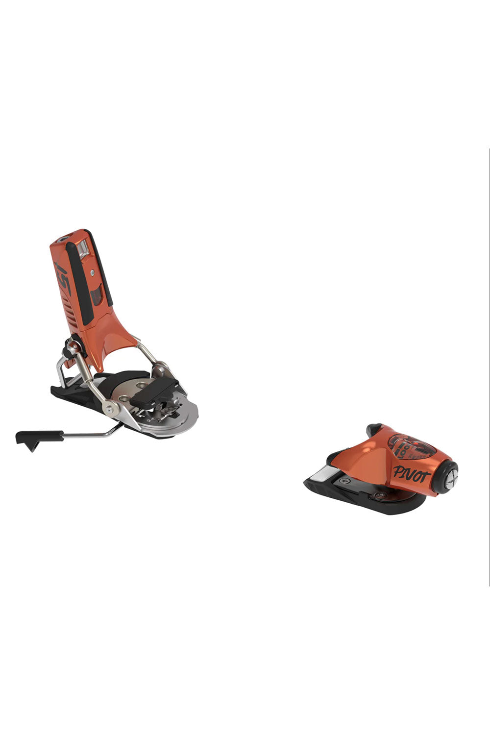 Two orange and black ski bindings on a white background