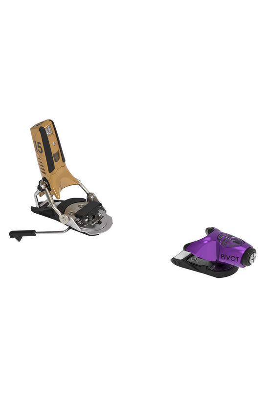 Two ski bindings, one with a beige strap and black metal component, the other purple and black, on a white background.