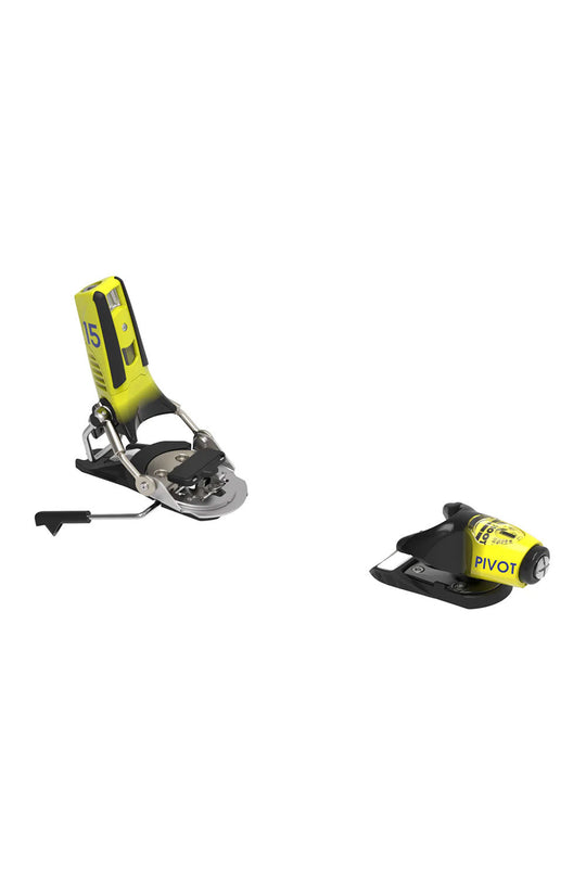 Two ski bindings with yellow and black design on a white background