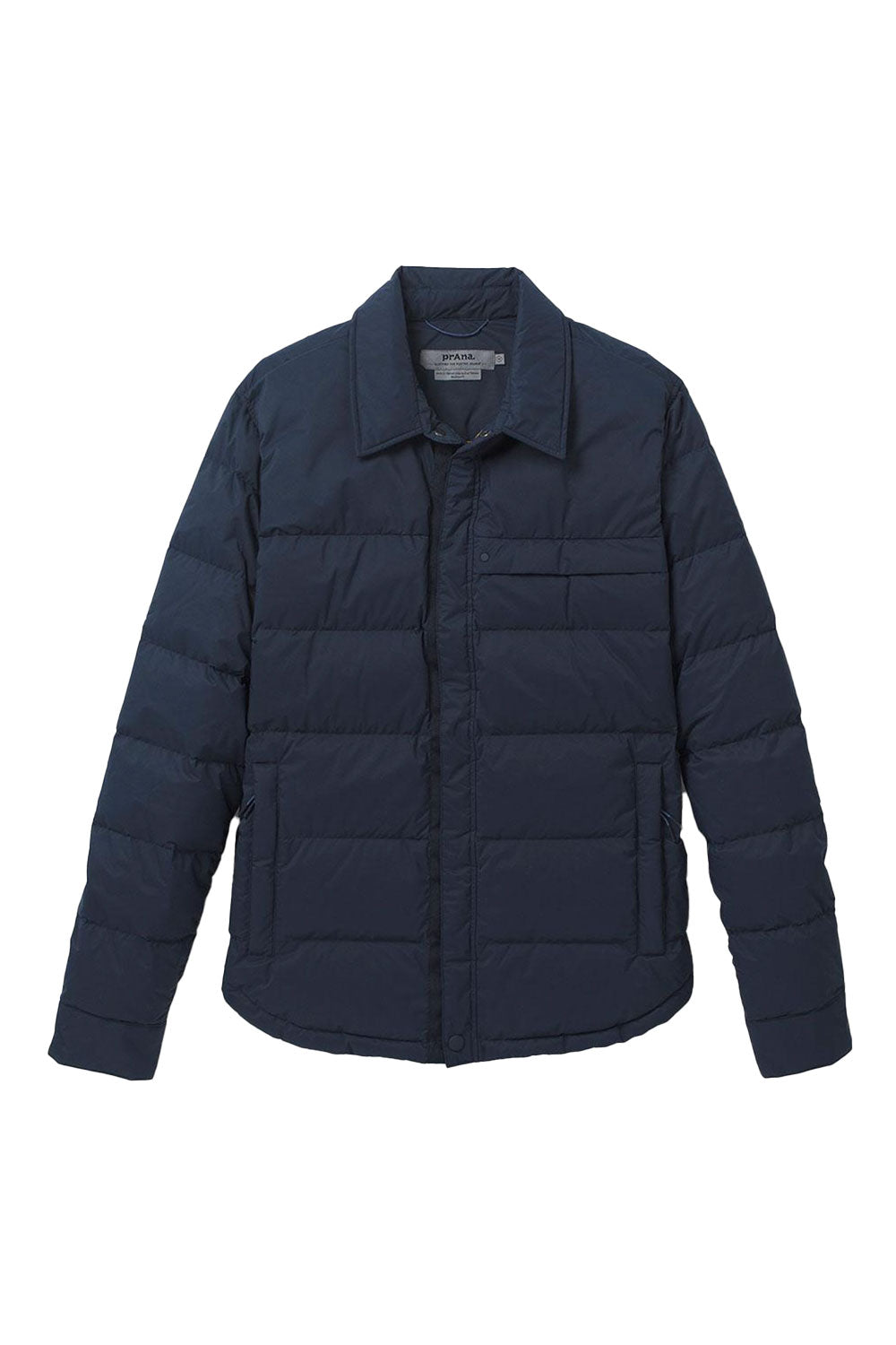 Navy blue puffer jacket on a white background