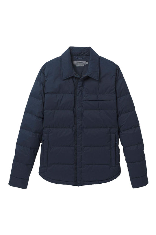 Navy blue puffer jacket on a white background