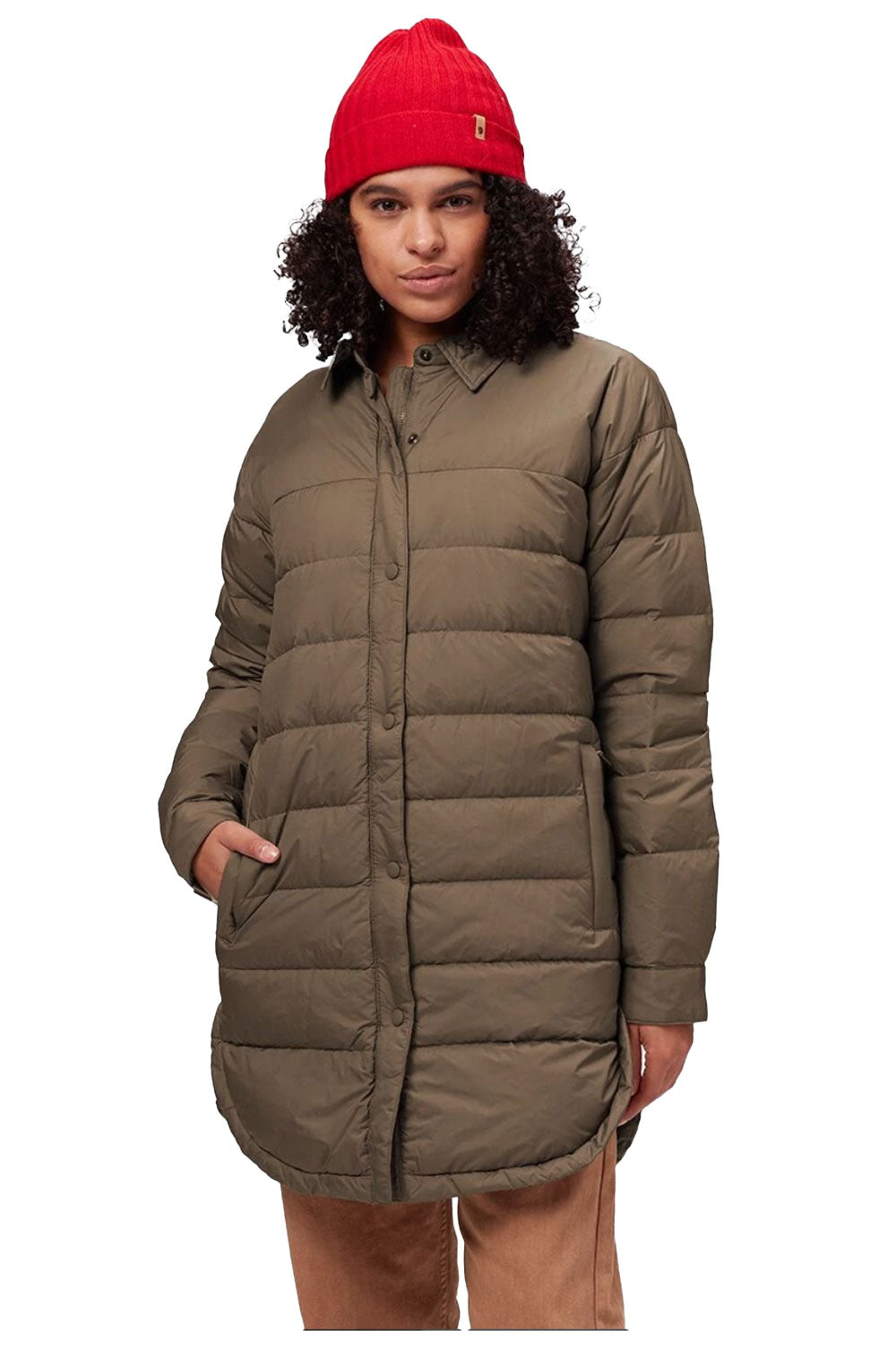 greenish brown long puffer coat