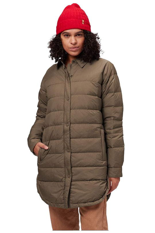 greenish brown long puffer coat