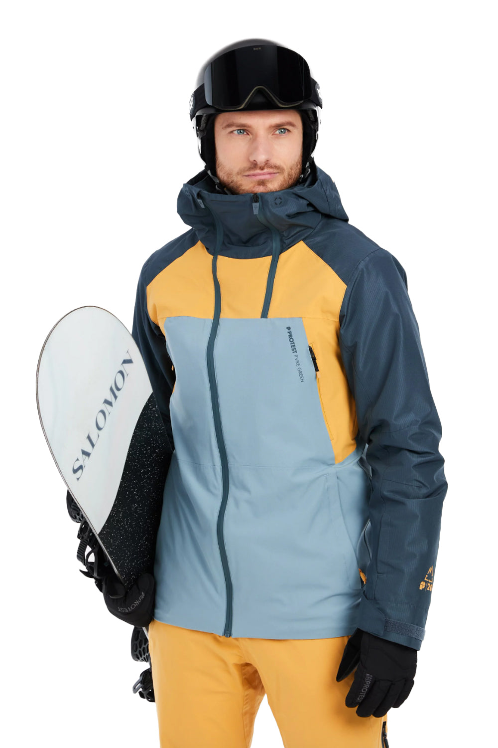 men's Protest Amount ski/snowboard jacket - dark blue, light blue and yellow colorblock