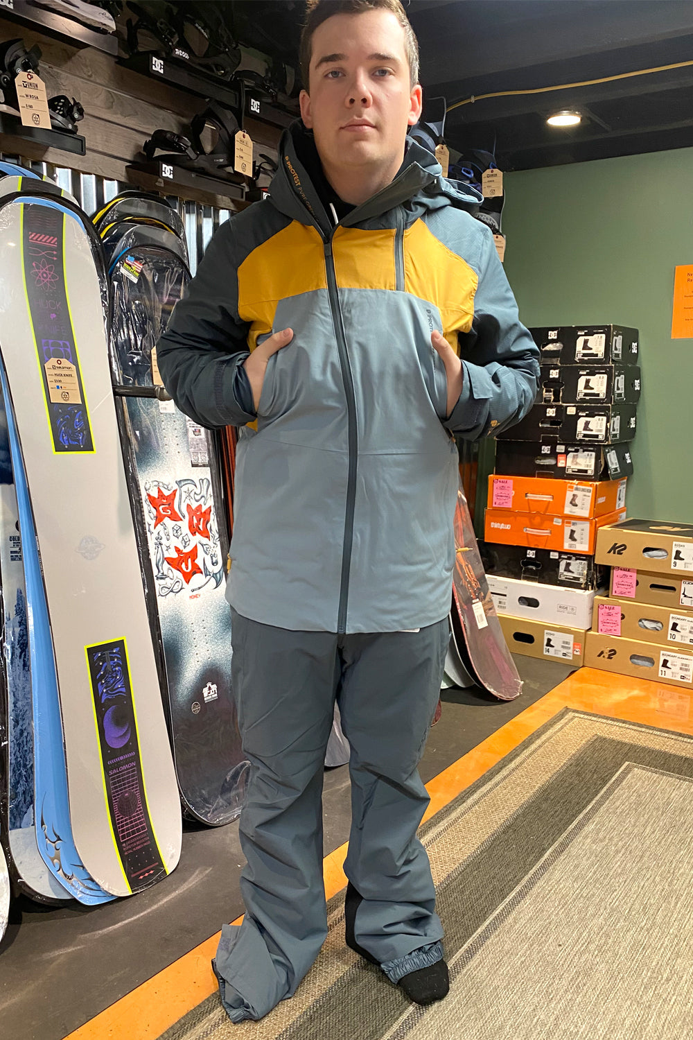 men's Protest Amount ski/snowboard jacket - dark blue, light blue and yellow colorblock