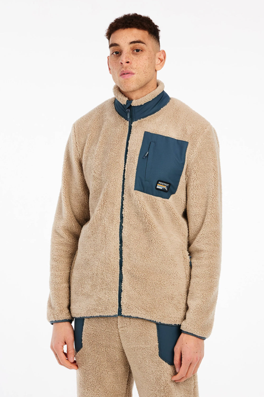 men's Protest Load full zip fleece jacket, beige and blue