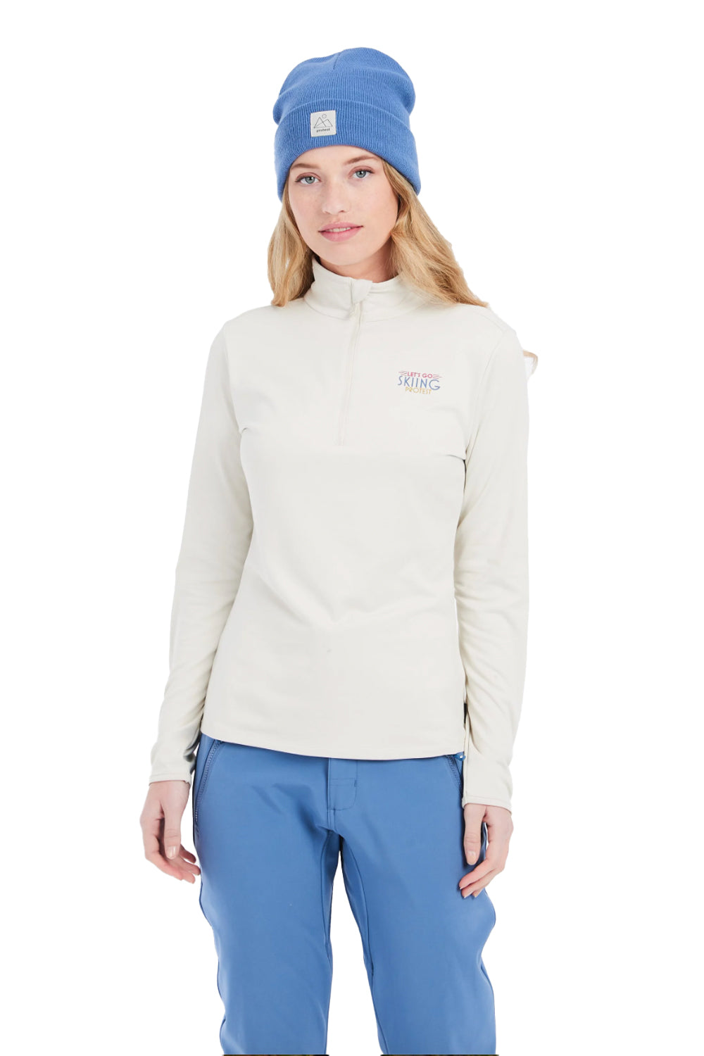 women's Protest Lunar 1/4 zip midlayer top, off white, with Let's go Skiing skier graphic on back