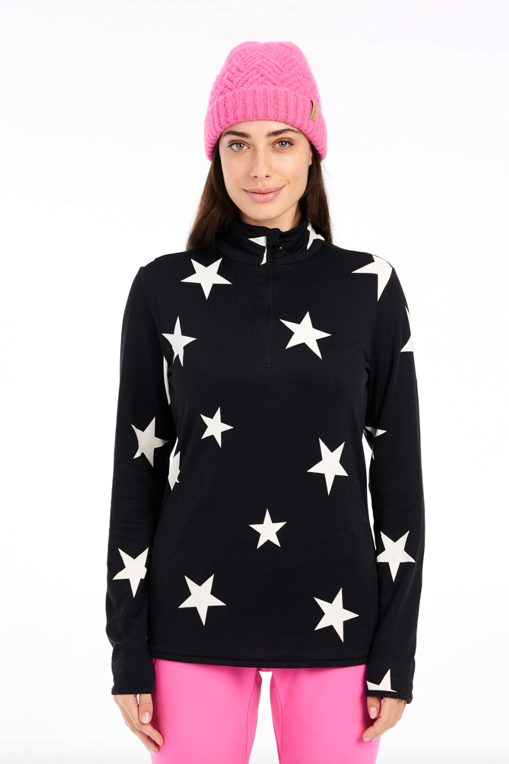 women's Protest Noon 1/4 zip midlayer top,  black with white stars