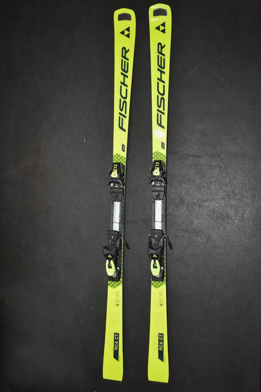 Fischer RC4 World Cup demo skis, yellow with black bindings
