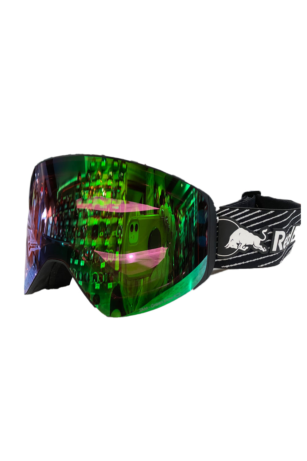 Red Bull ski/snowboard goggles, black and white stripe strap, green lens