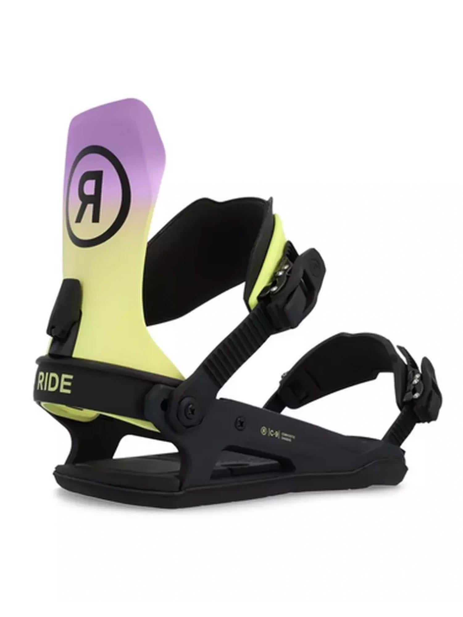 men's Ride C-9 snowboard binding, black with purple and yellow accents