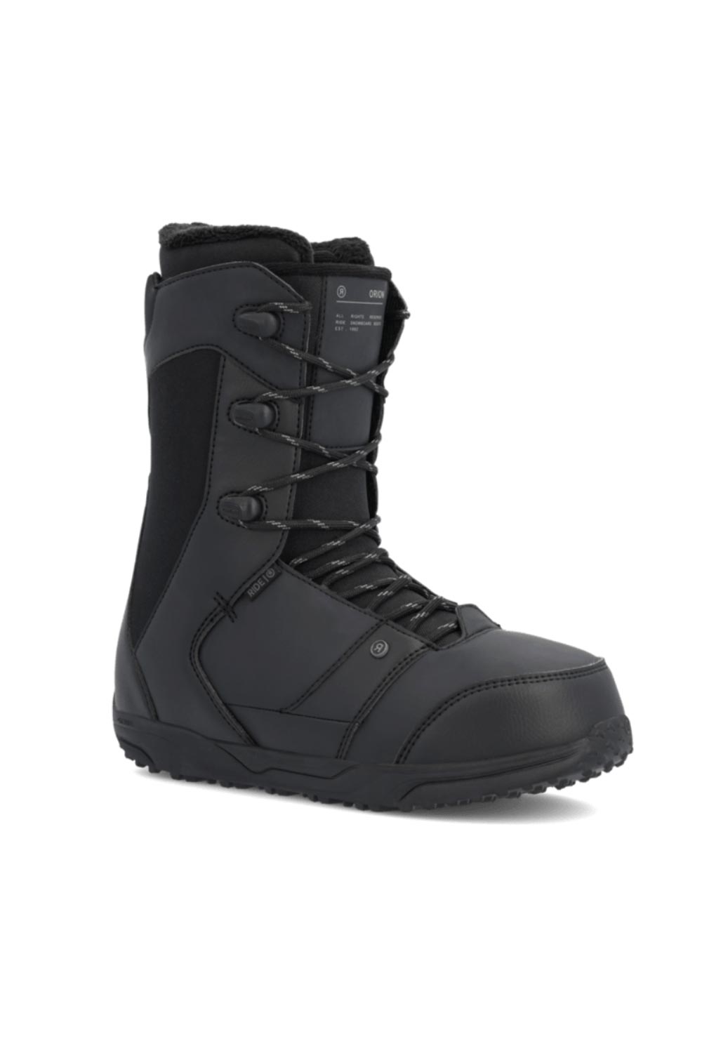 Black snowboard boot on a white background