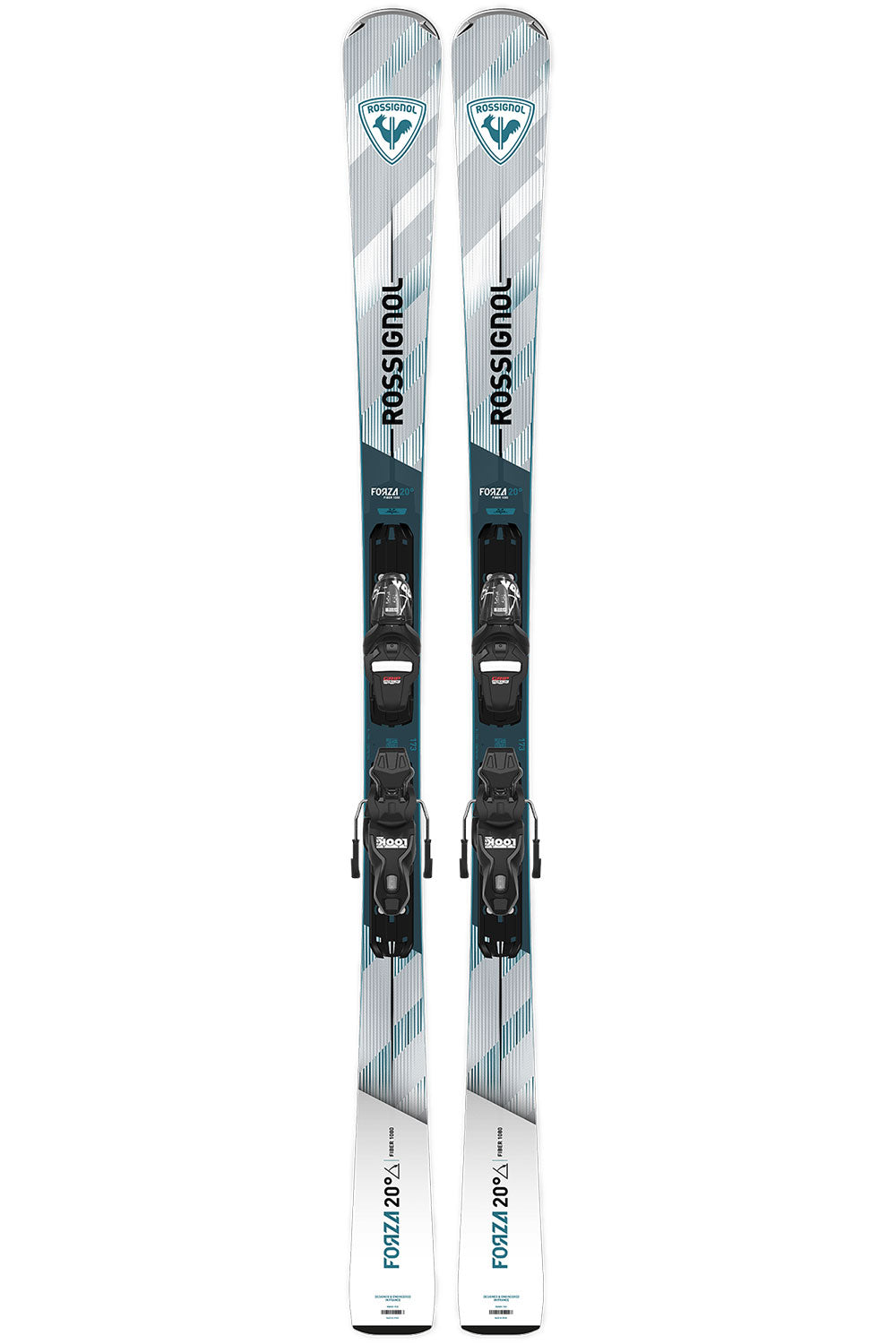 Pair of Rossignol ski with bindings on a white background