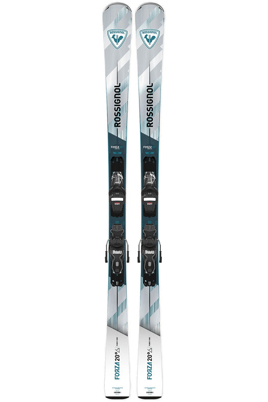 Pair of Rossignol ski with bindings on a white background