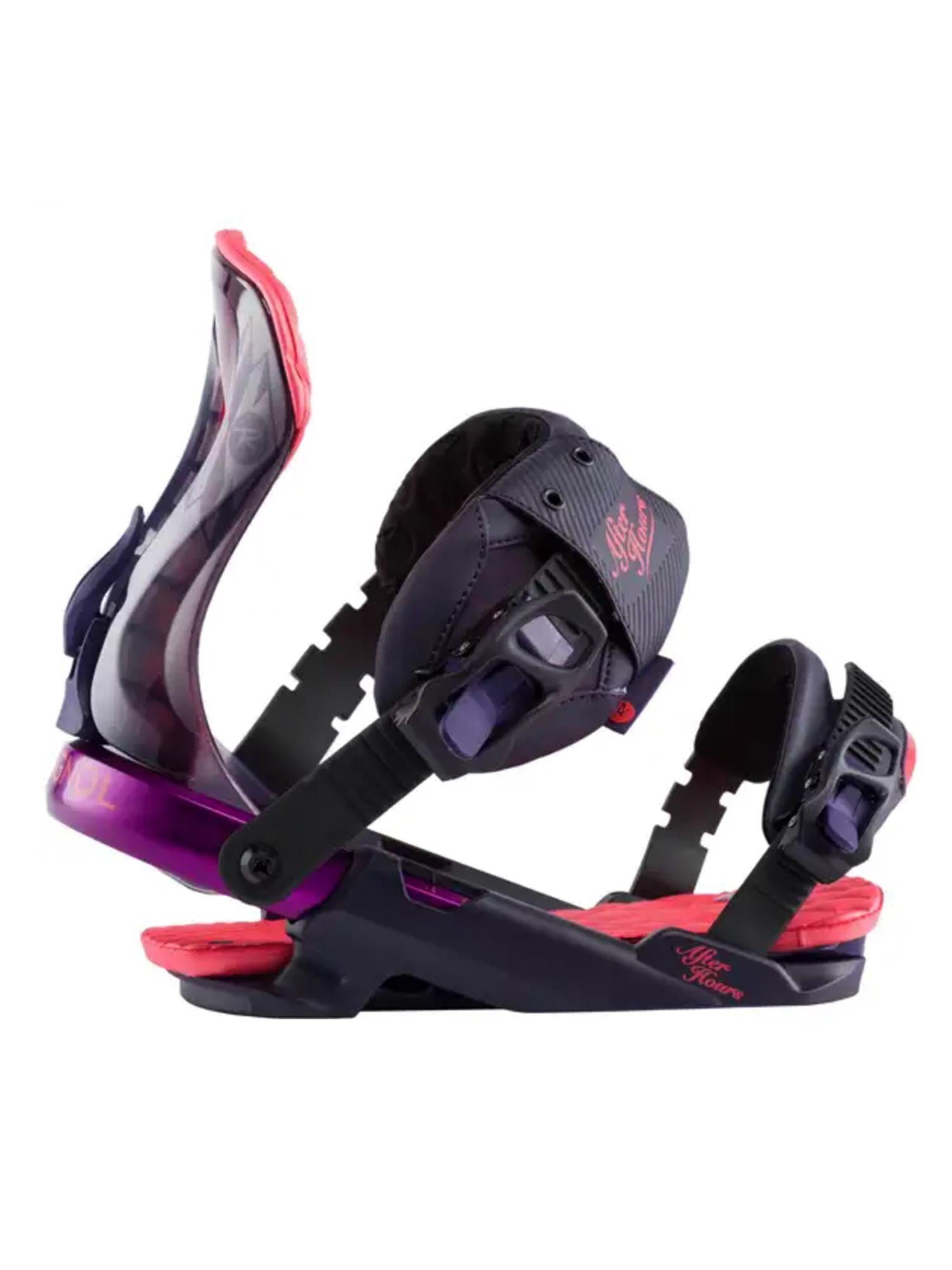 women's Rossignol After Hours snowboard bindgin, black with purple accents