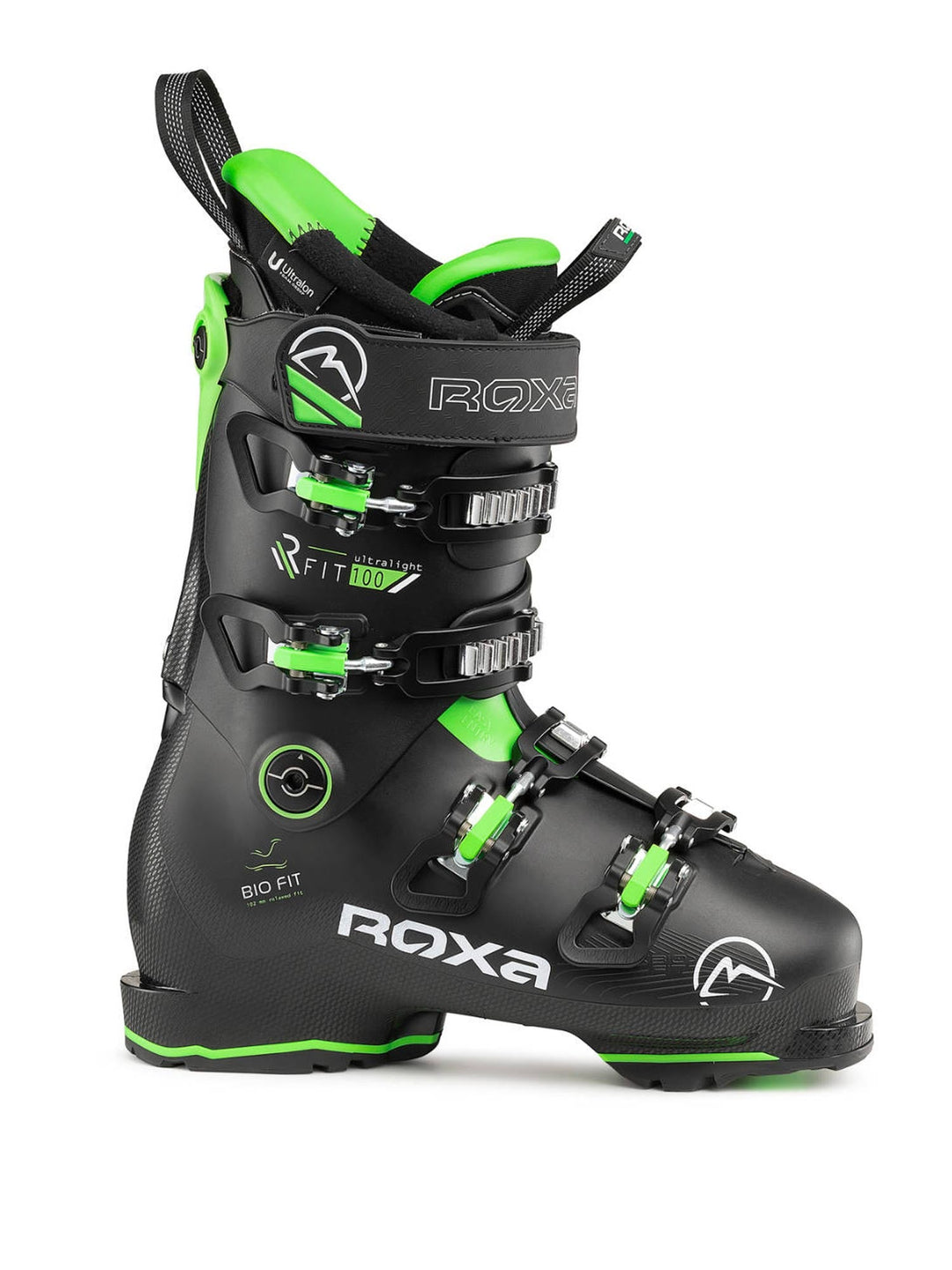 men's Roxa R/Fit 10 ski boots, black with bright green accents