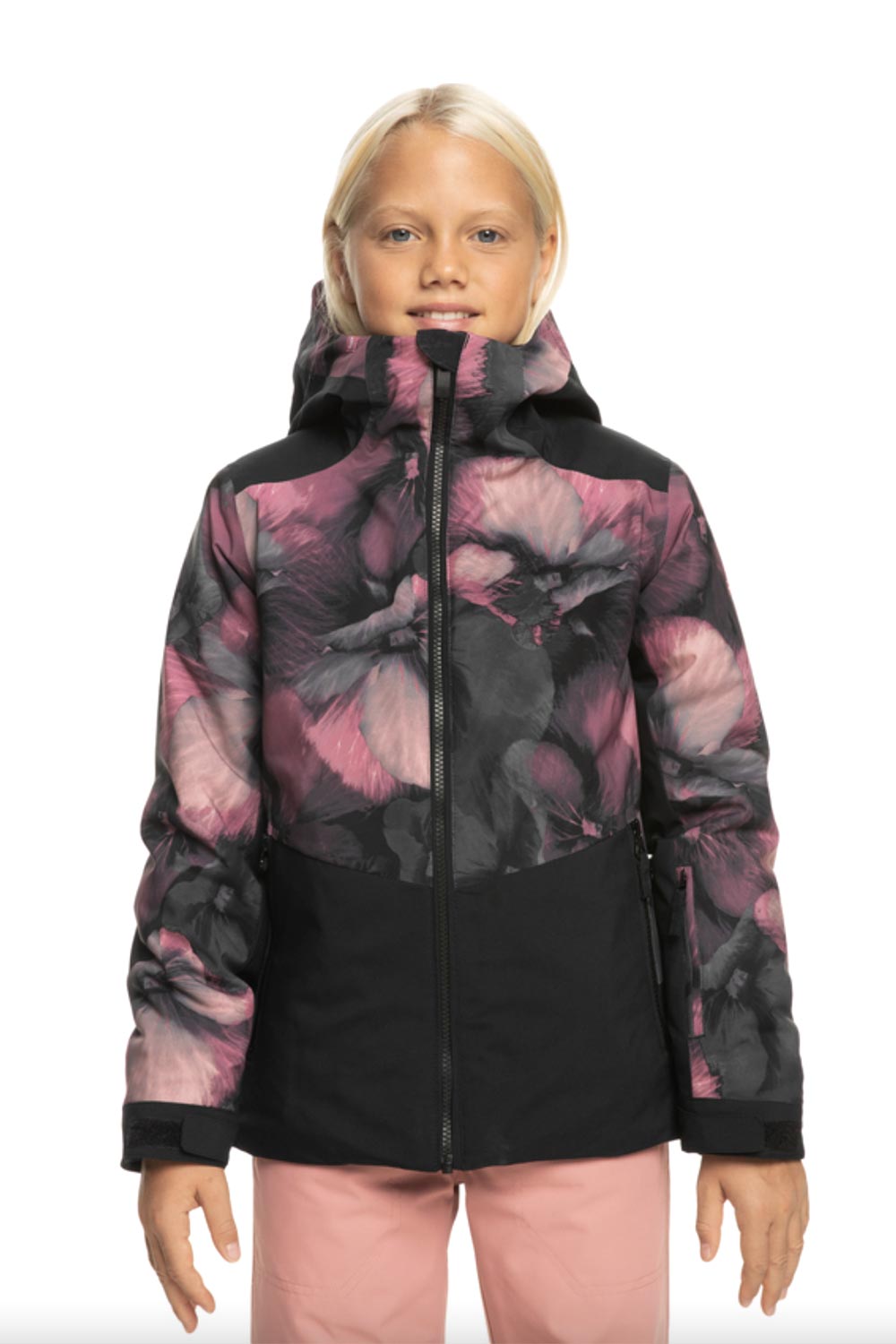 girls' Roxy Silverwinter ski/snowboard jacket, black with pink pansy graphic