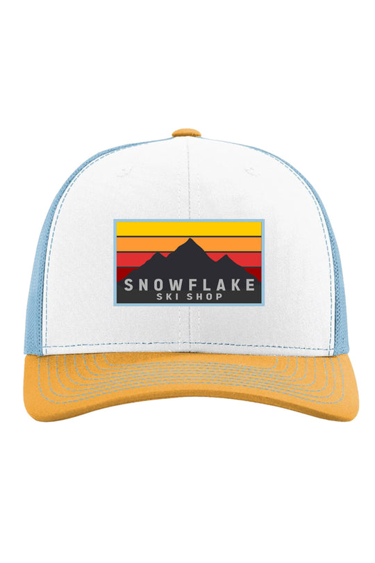 Snowflake Ski Shop trucker hat - mountain graphic - white front, yellow bill and powder blue back