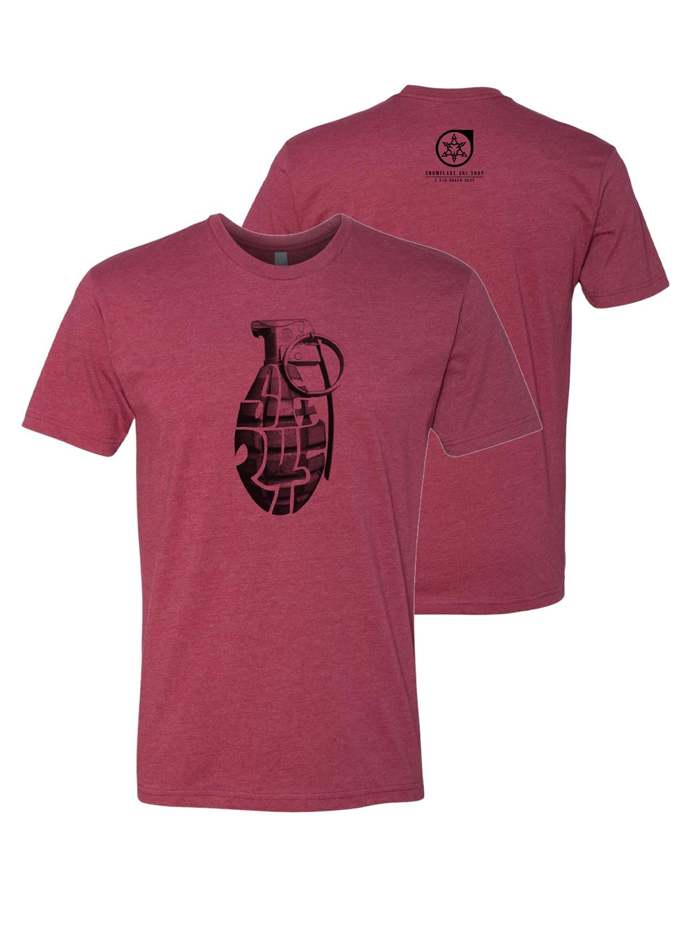 red tee shirt, grenade graphic