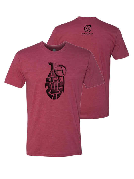 red tee shirt, grenade graphic