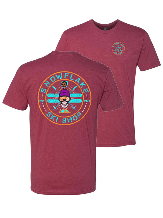 Snowflake Ski Shop tee with skull and skis graphic, red