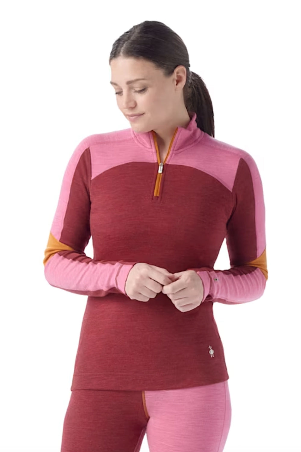 women's Smartwool top 1/4 zip, pink and red colorblock