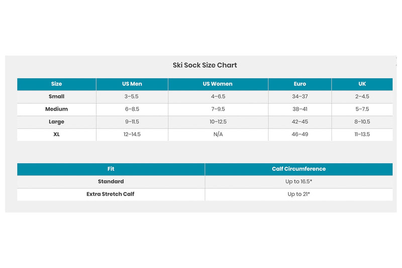 Ski sock size chart with measurements for US Men, US Women, Euro, and UK sizes.