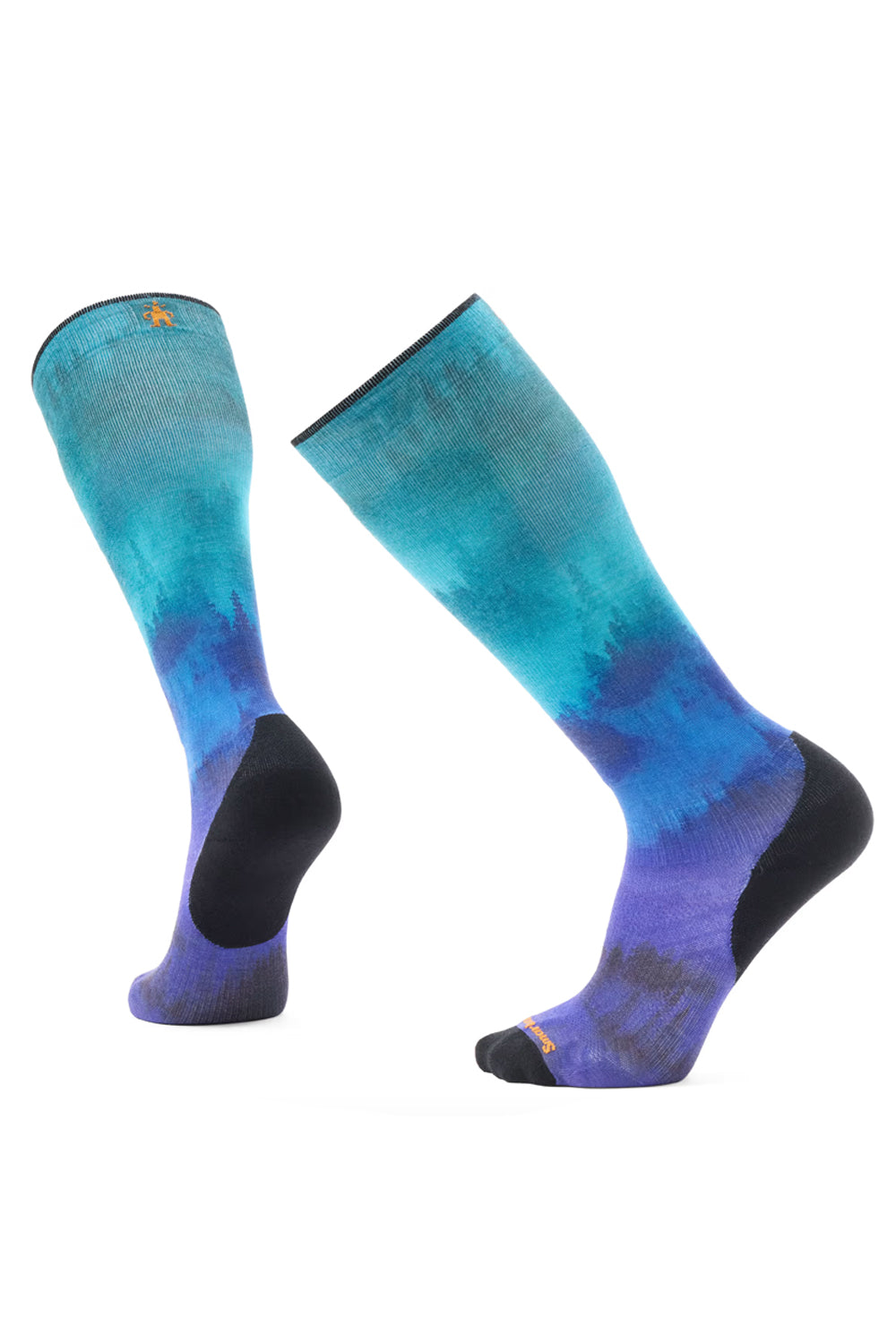 men's Smartwool compression skis socks,  bright colored blurry winter trees