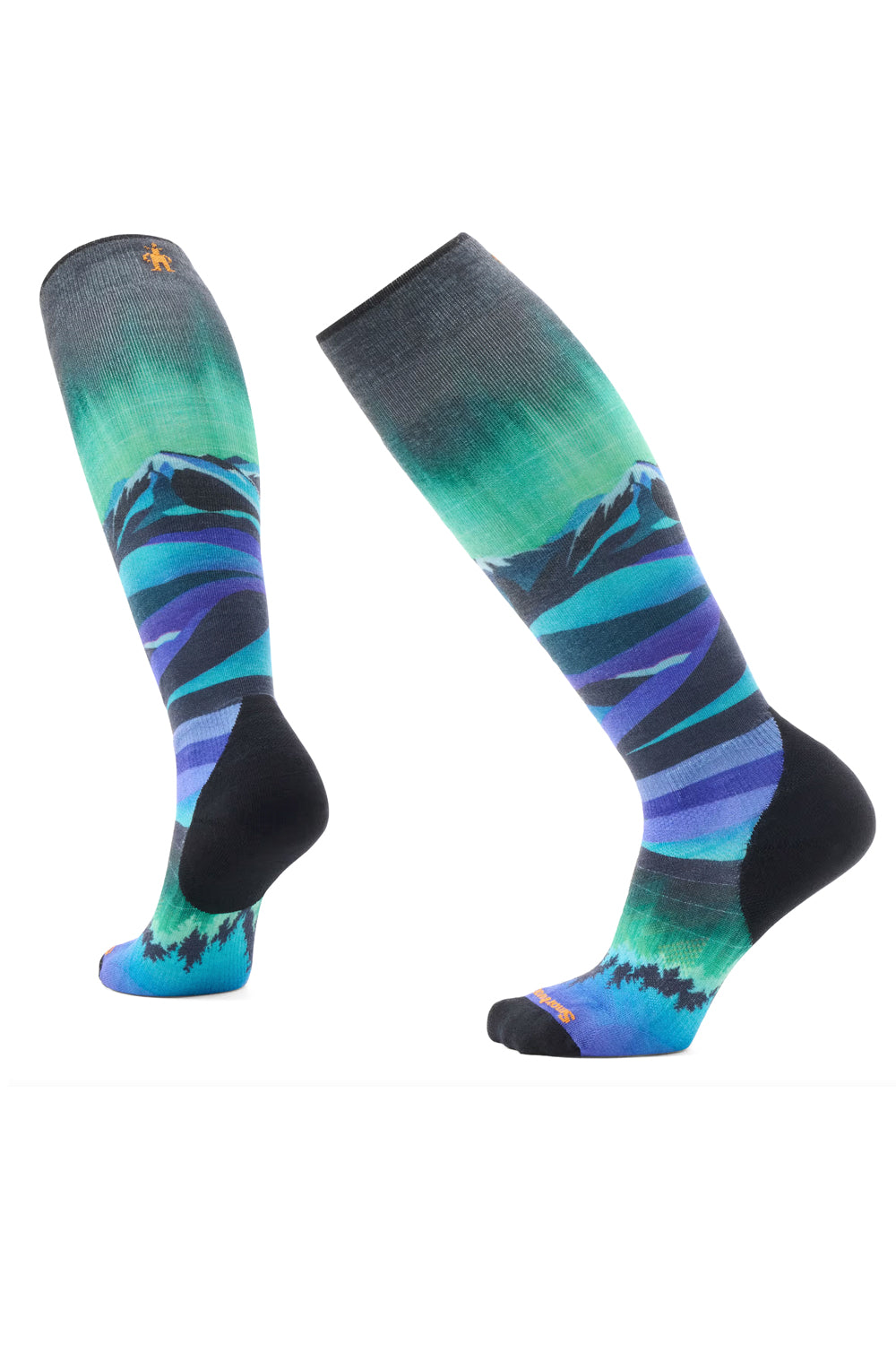 women's Smartwool compression ski socks, multicolor mountain scene