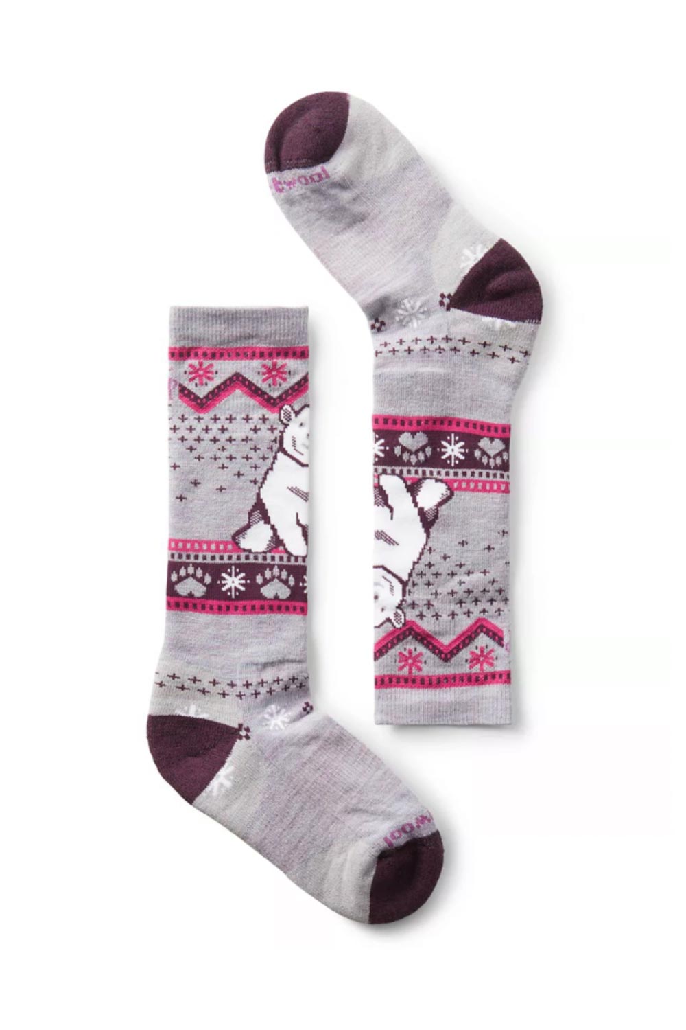 kids' Smartwool ski socks, purple with polar bear pattern